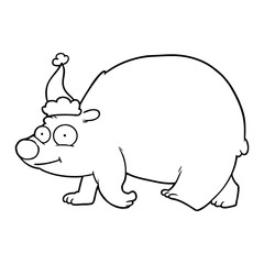 line drawing of a walking polar bear wearing santa hat
