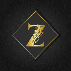 Golden letter Z with elegant floral contour isolated on colorful separate background. Premium letter Z or background great for logo, monogram, invitation, flyer, menu, brochure, card, cover, fashion