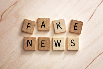 The Words Fake News are Spelled out in Wooden Letter Tiles on a light Wood Background