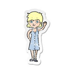 retro distressed sticker of a cartoon pretty woman waving