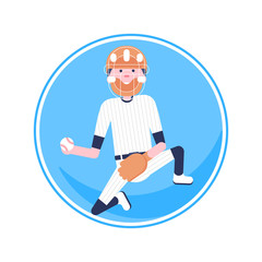 Vector Illustration. Baseball cartoon character in flat style. Baseball player with glove and ball in helmet in blue circle