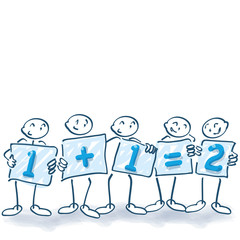 Strichmännchen mit Plakaten und eins plus eins gleich zwei