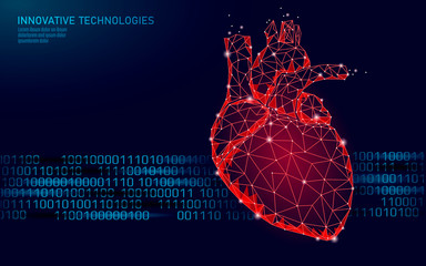 Healthy human heart beats 3d medicine model low poly. Triangle connected dots glow point red background. Pulse internal body modern anatomical shape innovative technology render vector illustration