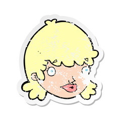 retro distressed sticker of a cartoon female face with surprised expression