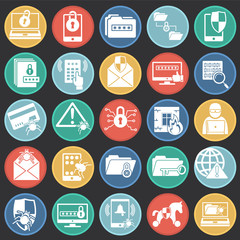 Cyber security icons set on color circles background for graphic and web design. Simple vector sign. Internet concept symbol for website button or mobile app.
