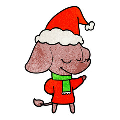 textured cartoon of a smiling elephant wearing scarf wearing santa hat