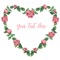 Heart shaped frame made of pink blooming roses, isolated on white, hand drawn botanical illustration.
