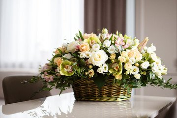 Spring bouquet of flowers, in a basket, a beautiful bouquet