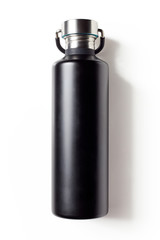Black metal water bottle isolated on white