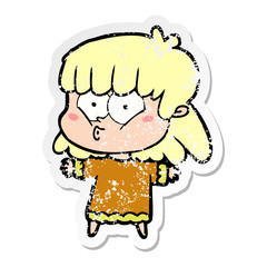 distressed sticker of a cartoon whistling girl