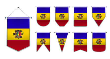 Set of hanging flags of the Moldova with textile texture. Diversity shapes of the national flag country. Vertical Template Pennant for background, banner, web, logo,award, achievement, festival.EPS 10