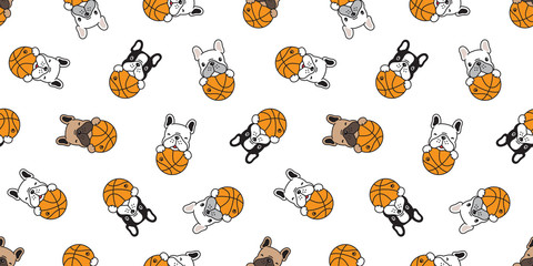 chien sans couture modèle bouledogue français vecteur basket-ball sport balle écharpe isolé répéter papier peint tuile fond doodle illustration