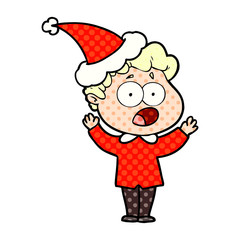 comic book style illustration of a man gasping in surprise wearing santa hat