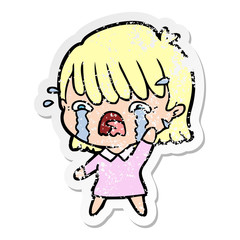 distressed sticker of a cartoon girl crying