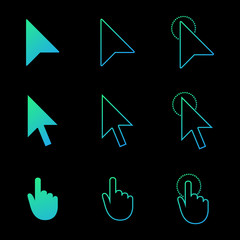 mouse cursor icon set , arrow and hand in modern gradient style. click and link web icons. Vector illustration isolated on black background.
