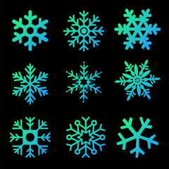 Fototapeta na wymiar Modern gradient Snowflakes vector set on a black background. Vector pack of snowflakes design templates. Winter decoration elements. Vector illustration isolated on white background.