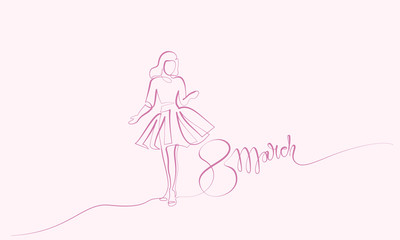 Continuous one line drawing. Girl in festive dress