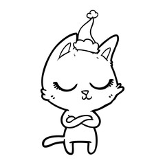 calm line drawing of a cat wearing santa hat