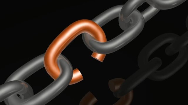 Chain with broken link on black background.
