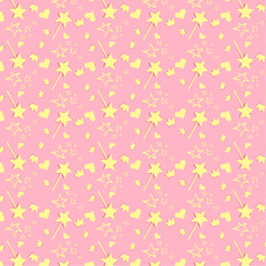 Cute Cartoon seamless pattern. Stars, hearts and magic wand