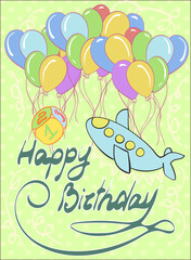 Hand drawing lettering Happy Birthday, with plane and baloons on a white background. Vector illustration