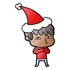 gradient cartoon of a curious man wearing santa hat