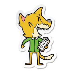 sticker of a laughing fox salesman
