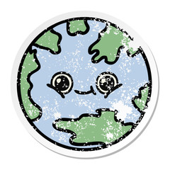 distressed sticker of a cute cartoon planet earth