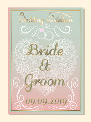 Wedding invitation, flower background and gold frame. Vector illustration