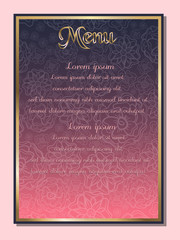 Wedding menu, flower background and gold frame. Vector illustration