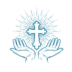 Church logo. Christian Cross icon or symbol. Sketch vector illustration