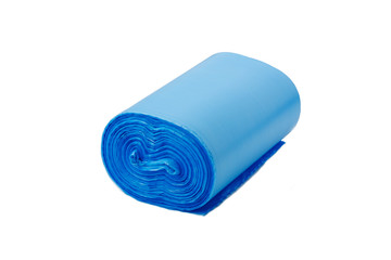Blue plastic polyethylene trash bag roll isolated over the white background