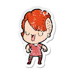 distressed sticker of a cute cartoon girl with hipster haircut