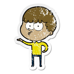 distressed sticker of a cartoon curious boy