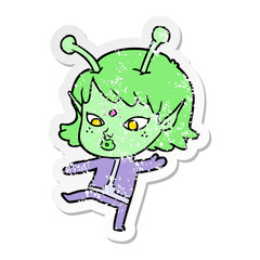 distressed sticker of a pretty cartoon alien girl