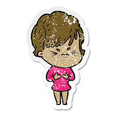 distressed sticker of a cartoon frustrated woman