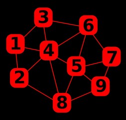 Number in mesh, network with number, abstract illustration with numbers in red rounded squares, red mesh on black background, vector illustration