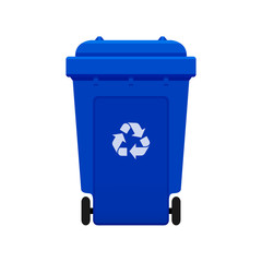 Bin, Recycle plastic blue wheelie bin for waste isolated on white background, Blue bin with recycle waste symbol, Front view of recycle wheelie bin blue color for garbage waste