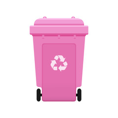 Bin, Recycle plastic pink wheelie bin for waste isolated on white background, Pink bin with recycle waste symbol, Front view of recycle wheelie bin pink color for garbage waste