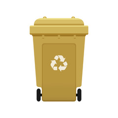 Bin, Recycle plastic gold wheelie bin for waste isolated on white background, Golden bin with recycle waste symbol, Front view of recycle wheelie bin gold color for garbage waste