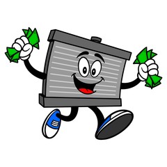 Radiator Mascot running with Money - A vector cartoon illustration of a motor radiator mascot running with money.