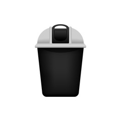 Bin, Recycle plastic grey small bin for waste isolated on white background, Grey bin with recycle waste symbol, Front view of recycle bin black and grey color for garbage waste