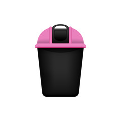 Bin, Recycle plastic pink small bin for waste isolated on white background, Pink bin for recycle waste and symbol, Front view of recycle bin pink color for garbage waste