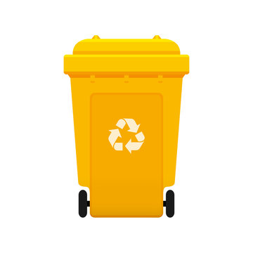 Bin, Recycle plastic yellow wheelie bin for waste isolated on white background, Yellow bin with recycle waste symbol, Front view of recycle wheelie bin yellow color for garbage waste