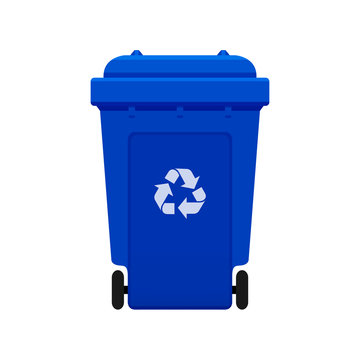 Bin, Recycle plastic blue wheelie bin for waste isolated on white background, Blue bin with recycle waste symbol, Front view of recycle wheelie bin blue color for garbage waste