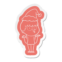 cartoon  sticker of a curious boy shrugging shoulders wearing santa hat