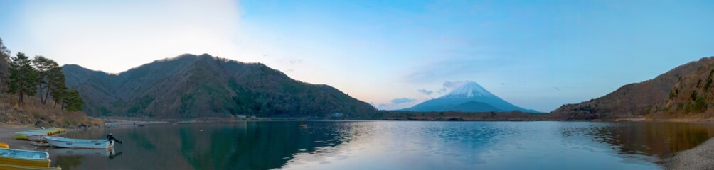 Fototapeta na wymiar Mount Fuji or Mt. Fuji, the World Heritage, view at Lake Shoji ( Shojiko ). Fuji Five Lake region, Minamitsuru District, Yamanashi prefecture, Japan. Landscape for travel destination.
