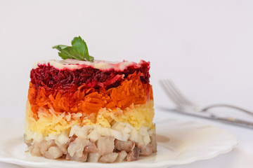 Layered salad with herring, carrot, onion and beet. Traditional Russian salad  - herring under a fur coat in white plate