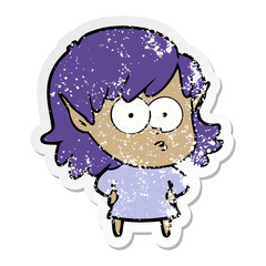distressed sticker of a cartoon shocked elf girl