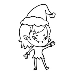 line drawing of a friendly vampire girl wearing santa hat